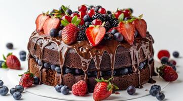 cioccolato torta con frutti di bosco e cioccolato pioggerella foto