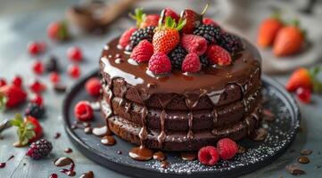 cioccolato torta con frutti di bosco e cioccolato pioggerella foto