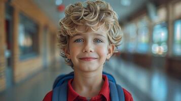 giovane ragazzo con Riccio capelli nel corridoio foto