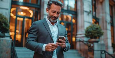 uomo nel completo da uomo guardare a Telefono nel vialetto foto