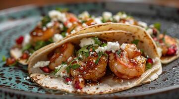 piatto di gamberetto tacos su un' tavolo foto