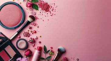 cosmetici disposte su rosa sfondo foto