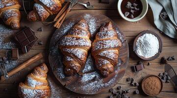 Cornetti, cioccolato, e cannella su di legno tavolo foto