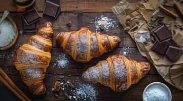 Cornetti, cioccolato, e cannella su di legno tavolo foto