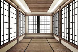 interni del soggiorno e design minimale con pavimento in tatami e giapponese, interni vuoti, rendering 3d foto