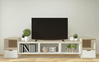 mockup smart tv, soggiorno con design minimale in stile zen decorativo. rendering 3d foto