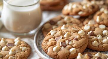 bianca cioccolato patata fritta biscotti su un' piatto con latte foto