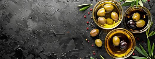 olive e oliva olio nel ciotole su un' nero sfondo foto