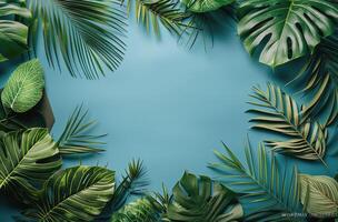 vuoto carta circondato di tropicale le foglie su blu sfondo foto