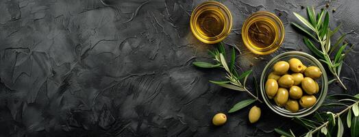 olive e oliva olio su un' nero sfondo foto