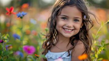 mondo figli di giorno concetto. foto ritratto di carino sorridente poco ragazza nel natura fra fiori