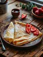 appena fatto crepes con fragole su rustico di legno tavolo. foto