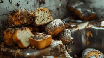 avvicinamento Visualizza cattura un' cucina Lavello ammucchiati con scaduto pane, loro muffa e stantio evidenziazione il problema di cibo trascurare e sciupare. foto