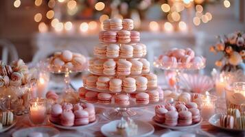 incantata macaron Torre a elegante evento. foto