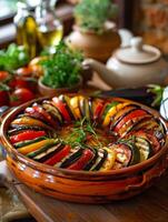 colorato Ratatouille nel un' tradizionale casseruola. foto