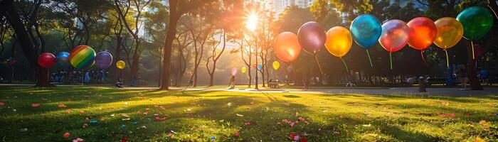 colorato palloncini galleggiante nel un' illuminata dal sole parco. foto