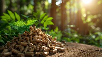 un' avvicinamento tiro di un' mucchio di legna pellet con un' fresco verde pianta in crescita a partire dal il superiore. foto