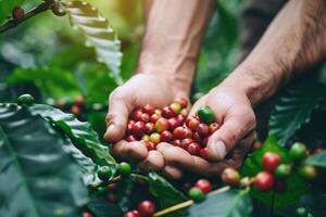 agricoltore mani delicatamente culla robusta e arabica caffè frutti di bosco, illustrare il cura e precisione coinvolti nel caffè coltivazione, generato ai foto