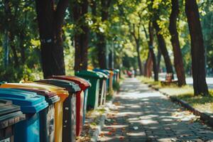 riflettere su urbano sostenibilità come voi sguardo su un' ben mantenuto città parco ornato con un' riga di raccolta differenziata bidoni, generato ai foto