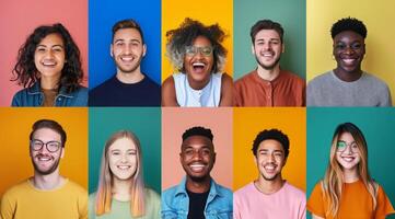 diverso gruppo di uomini e donne in posa per ritratti. multiplo ritratti con colorato sfondi foto