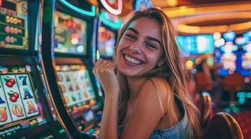 attraente signora nel casinò scommesse sua i soldi nel casinò macchine sperando per un' vincere foto