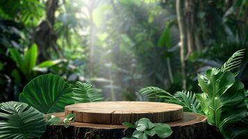 di legno podio nel tropicale foresta per Prodotto presentazione e verde sfondo foto