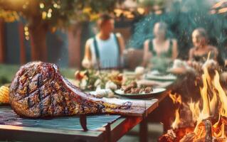 tomahawk bistecche grigliato su il barbecue, barbecue con famiglia e amici foto