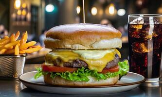 hamburger al formaggio con patatine fritte su piatto e Coca Cola. ristorante tavolo foto