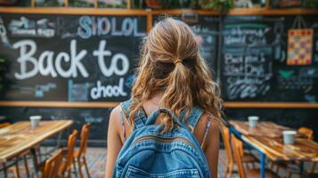 donna con zaino sta nel davanti di indietro per scuola cartello foto