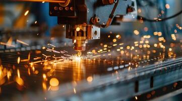 il cnc fibra laser taglio macchina taglio il metallo piatto con il scintillamento luce. il foglio metallo Lavorando operazione. foto