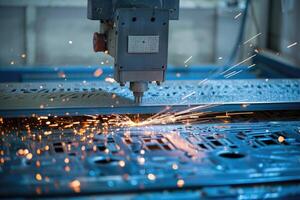 il cnc fibra laser taglio macchina taglio il metallo piatto con il scintillamento luce. il foglio metallo Lavorando operazione. foto