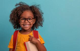 sorridente giovane ragazza indossare bicchieri detiene manuale contro blu sfondo foto