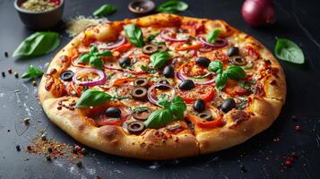 vicino su di delizioso vegetariano Pizza con rosso cipolla, nero olive, e basilico foto