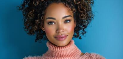 donna con Riccio capelli sorridente nel rosa maglione contro blu sfondo foto