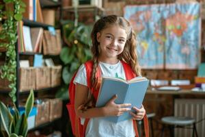 giovane ragazza con zaino lettura un' libro nel un' aula foto