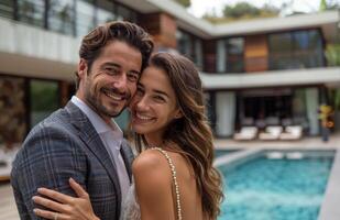 uomo e donna in piedi di nuoto piscina foto