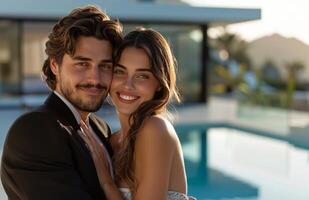 uomo e donna in piedi di nuoto piscina foto