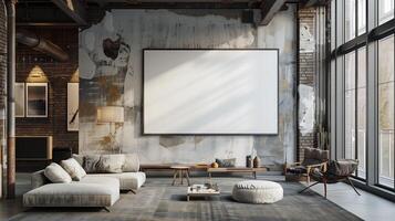 moderno interno camera con parete disegno, bianca stile pavimento, manifesto appartamento vuoto casa, vivente telaio foto