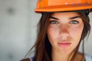 professionale femmina ingegnere, architetto nel elmetto protettivo a costruzione luogo. giovane donna Lavorando, sicurezza foto
