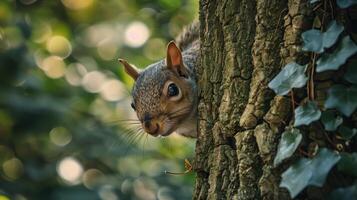 selvaggio scoiattolo, peloso, soffice coda, arroccato nel albero. carino roditore nel naturale parco, curioso di foto