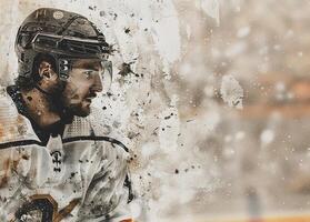 un' sfondo con un' hockey giocatore in piedi lateralmente nel un' nero casco e bianca maglia. sfondo con elementi di sporco e buio colori foto