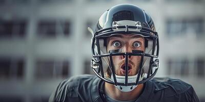 un americano calcio giocatore nel un' nero casco e uniforme con un' molto sorpreso viso. copia spazio foto