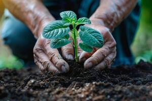 un' avvicinamento Immagine cattura il nutrimento atto di mani piantare un' giovane verde pianta in ricco Marrone terra, simboleggiante il essenza di crescita e ecologico amministrazione, generato ai foto