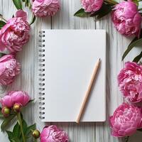 taccuino con matita e rosa fiori foto