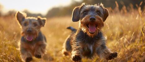 Due cani in esecuzione attraverso un' campo di alto erba foto