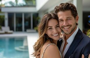 uomo e donna in piedi di nuoto piscina foto