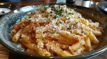 di legno ciotola pieno con pasta e salsa foto