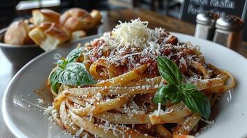 di legno ciotola pieno con pasta e salsa foto