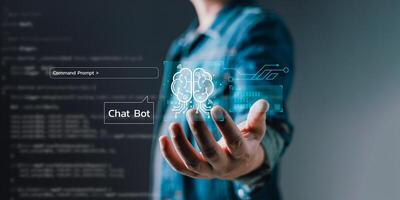 uomo Tenere inteligente ai chatbot e comando pronto.grande dati archiviazione.digitale artificiale intelligenza tecnologia rottura concetto.noi siamo implementazione automatizzato Tech supporto e servizio nel il attività commerciale. foto