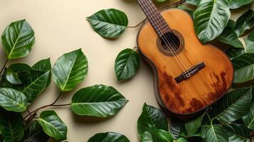 ukulele su tavolo circondato di le foglie foto